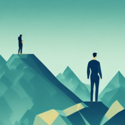 an illustration of two people at the top of different mountains.