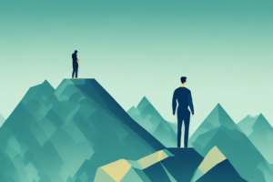 an illustration of two people at the top of different mountains.