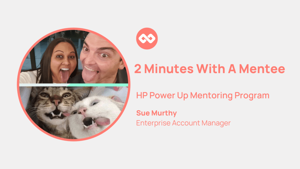 Photo of Sue Murthy with a man and two cats. Sue is an Enterprise Account Manager at HP and a mentee in the HP Power Up Mentoring Program.