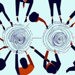 An illustrated group of people connecting